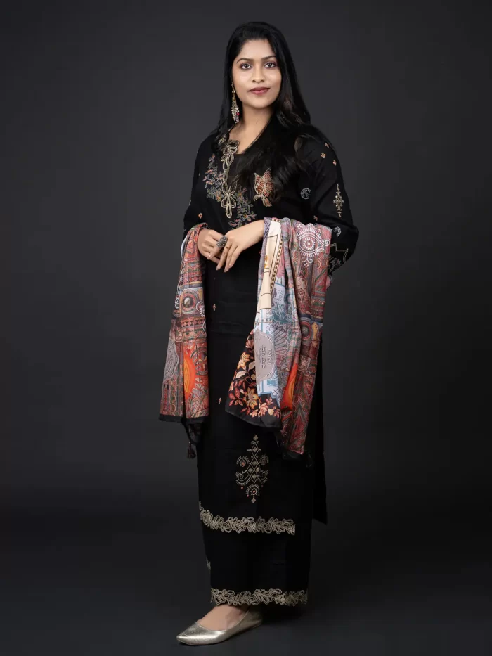Angled view of Imperial Black embroidered suit and folded dupatta