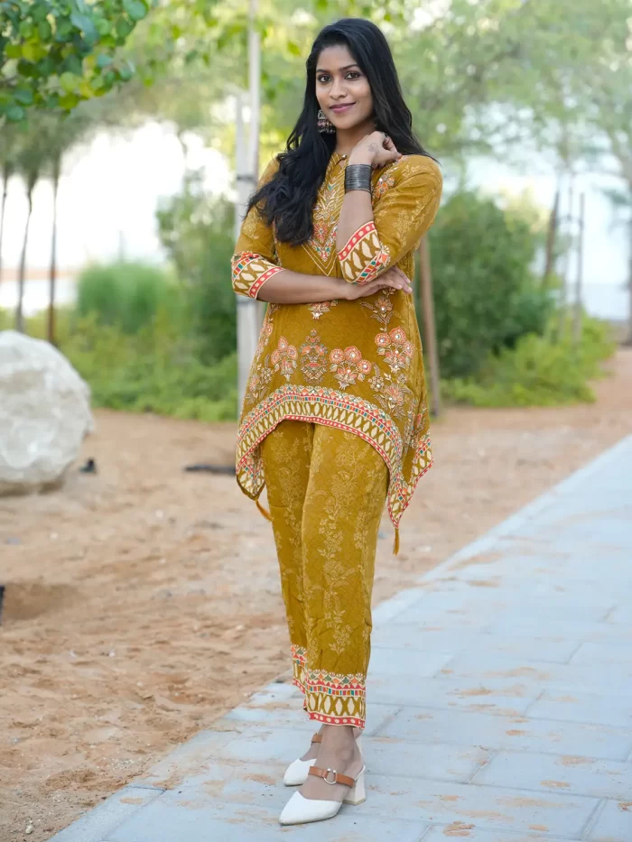 Mustard Yellow C-Line Crepe 2 Piece Set (1) Mustard Yellow C-Line set in a close outdoor portrait