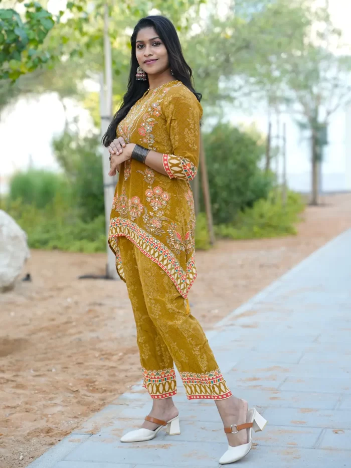 Mustard Yellow C-Line Crepe 2 Piece Set (3) Mustard Yellow C-Line set showing the decorated neckline