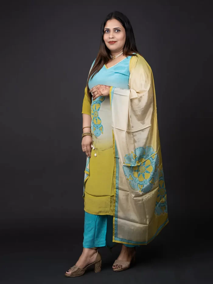 Yellow Blue Ombre 3 Piece Suit Set with Dupatta