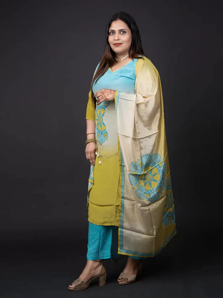 Angled view of yellow-blue ombre Mandala suit with dupatta