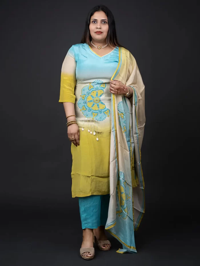 Sky Blue to Yellow Ombre Ethnic Suit Set
