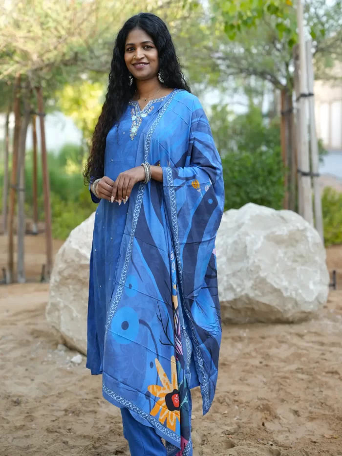 Royal Blue 3 Piece Suit Set with Dupatta