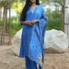 Royal Blue Crepe Suit Set with Floral Dupatta