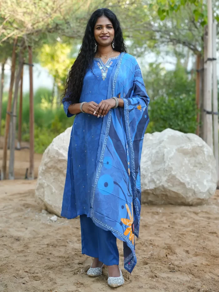 Royal Blue Crepe Suit Set with Floral Dupatta