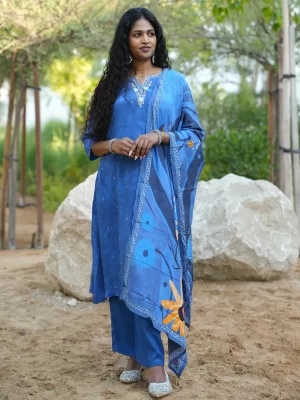 Royal Blue 3 Piece Suit Set with dupatta in an angled pose