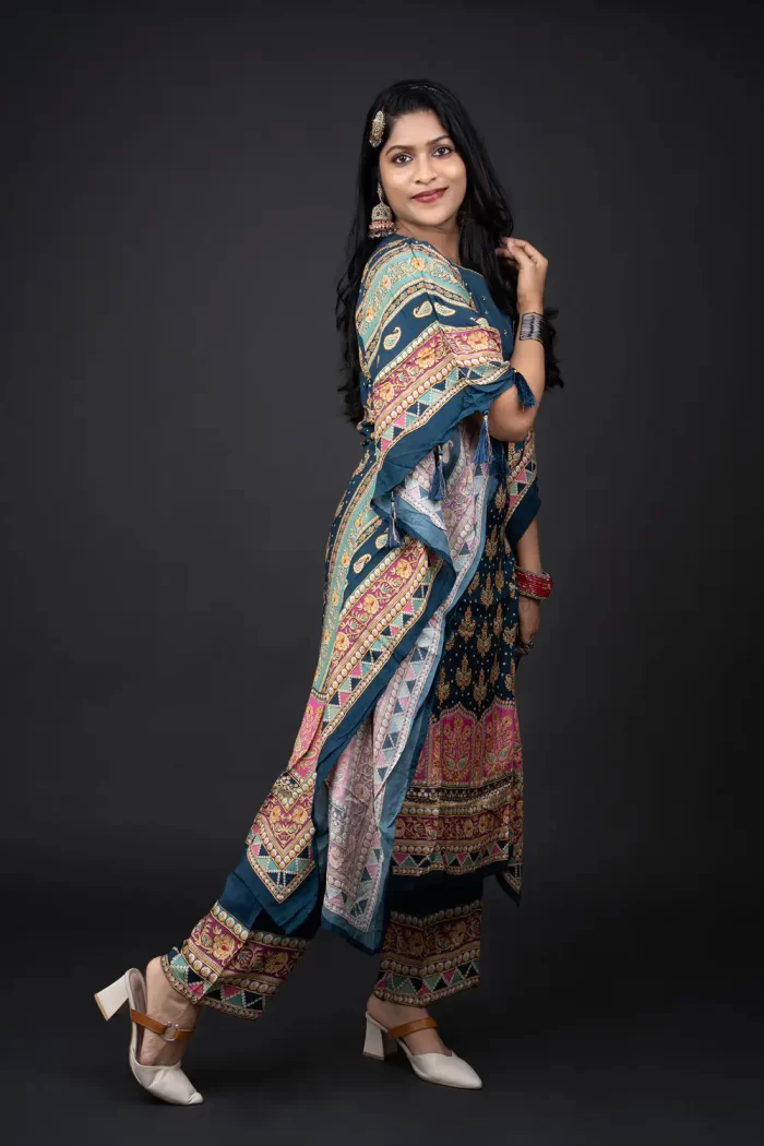 Peacock Teal Muslin Kaftan Set with Gold Beads