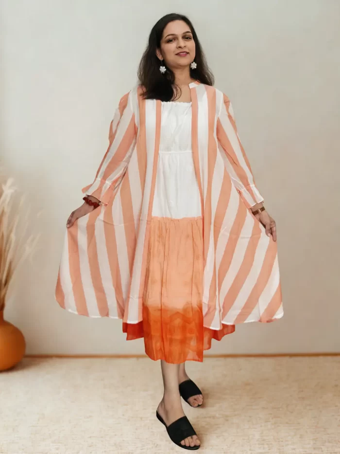 Front view of Sorbet striped shrug dress with layered hem