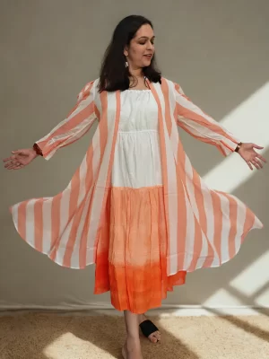 Sorbet shrug dress with striped overlay spread to show its shape