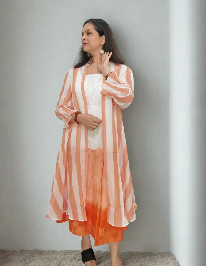 Sorbet striped shrug dress set in a three-quarter pose