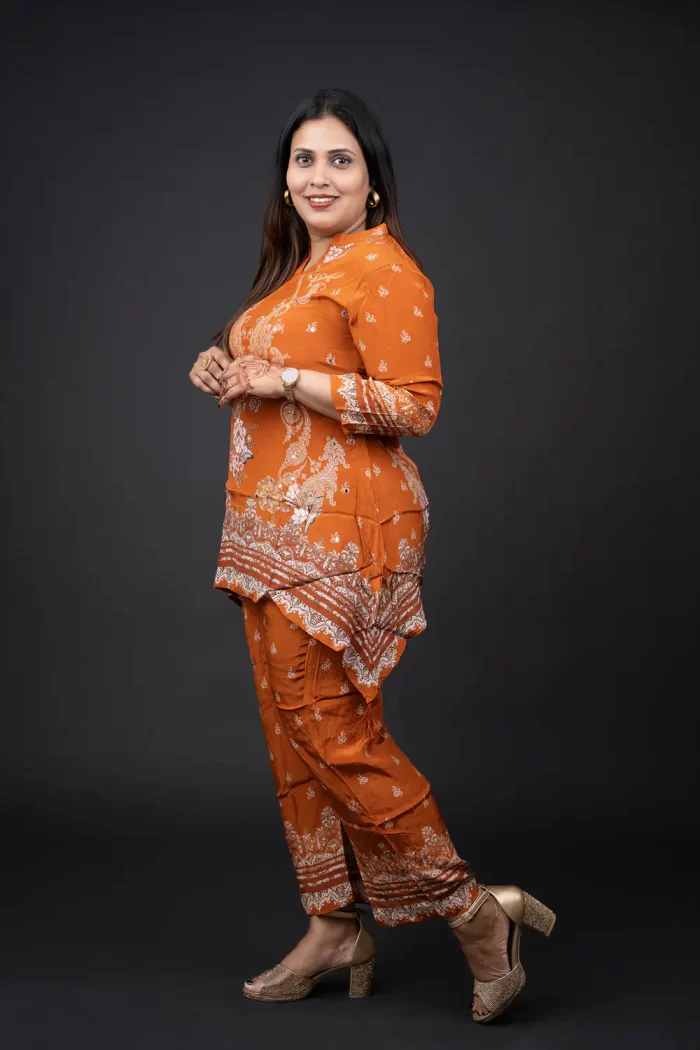 Terracotta Orange C-Line Crepe 2 Piece Set (3) Side view of Terracotta Paisley C-Line crepe set