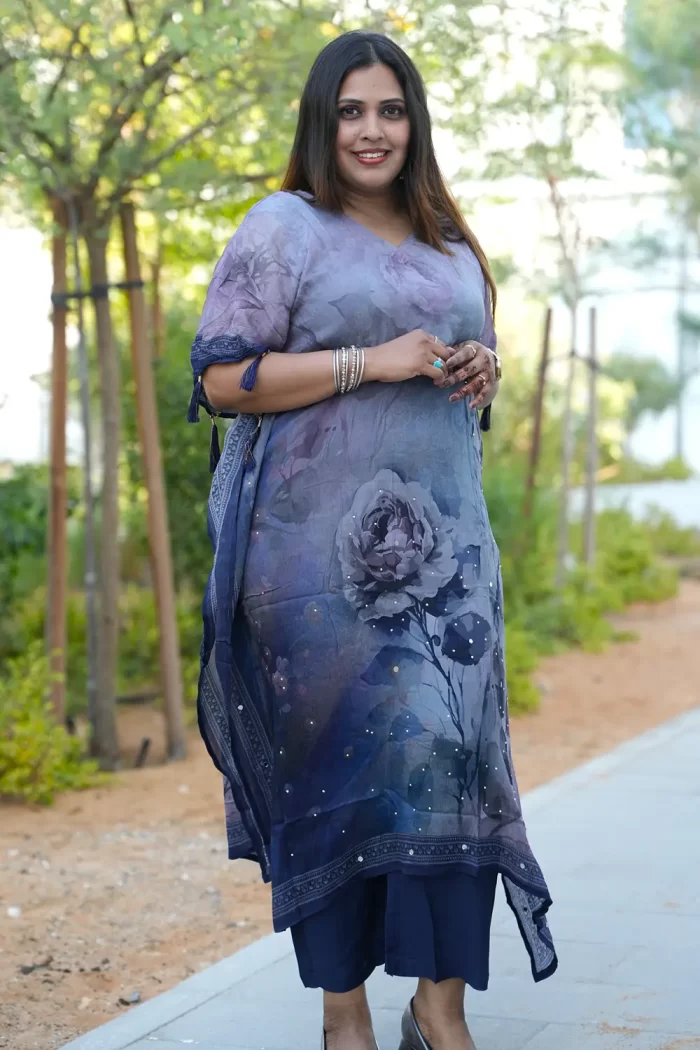 Violet Navy Floral 2 Piece Kaftan Set in Muslin