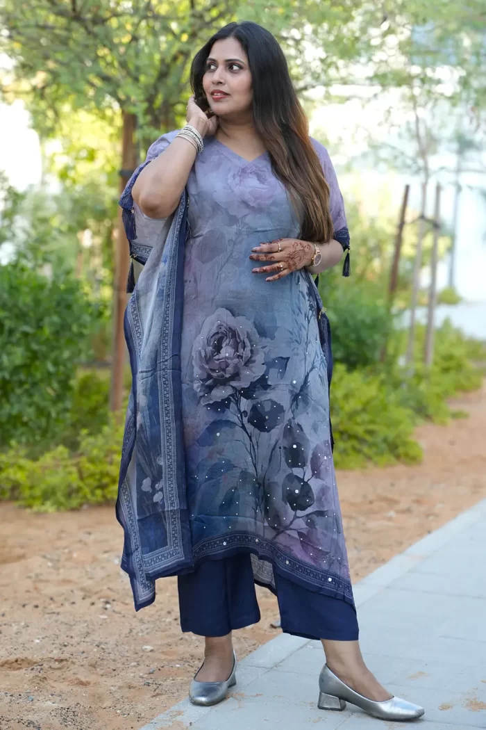 Floral Muslin 2 Piece Kaftan Set with Sequin Work