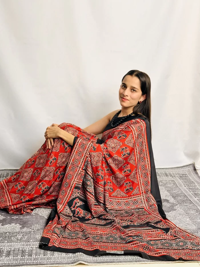 IMG_0538 Red ethnic print satin silk saree front view