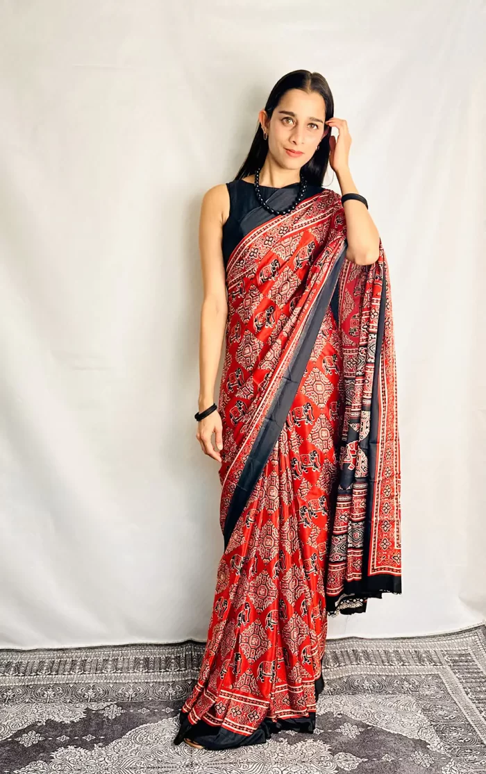 IMG_0545 Elegant red satin silk saree with traditional design