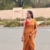 IMG_0583 Sunset Mustard zigzag saree in a relaxed outdoor pose