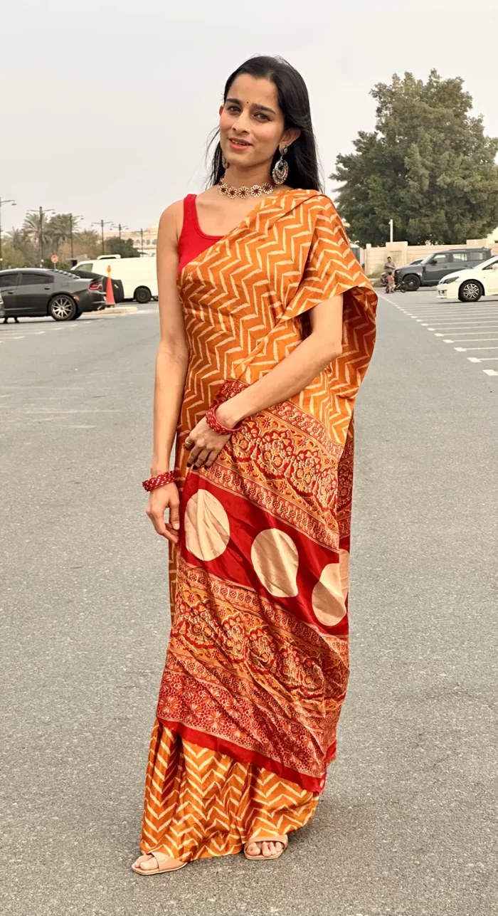 IMG_0586 Front view of Sunset Mustard saree with patterned red pallu