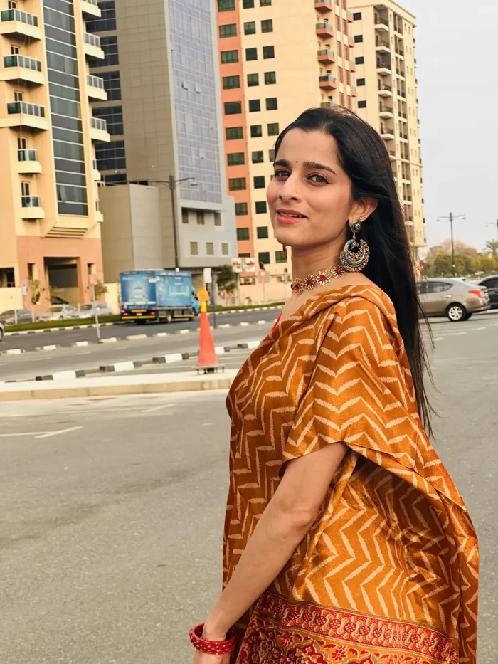 IMG_0590 Mustard zigzag print saree outdoor photoshoot
