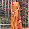 IMG_0607 Front view of Sunset Mustard zigzag saree by flowering vines