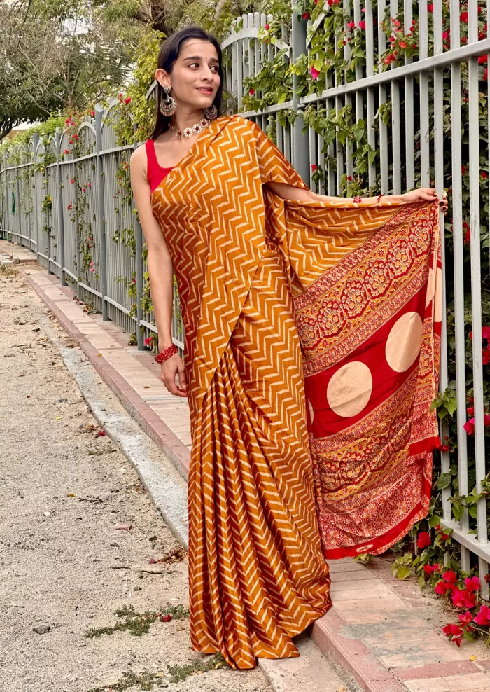 IMG_0621 Stylish mustard printed saree with red pallu