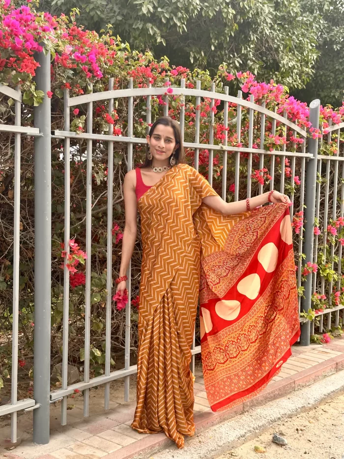 IMG_0632 Mustard zigzag design satin silk saree full view