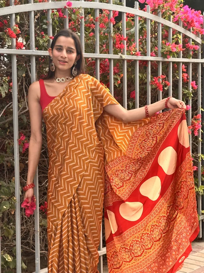 IMG_0633 Sunset mustard zigzag print satin silk saree for women