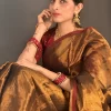 Close seated view of the golden tissue cotton saree