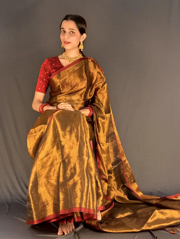 Golden Radiance tissue cotton saree in a seated front pose