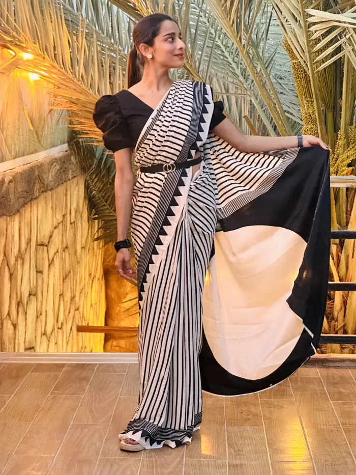 Elegant satin silk saree with contrast black border