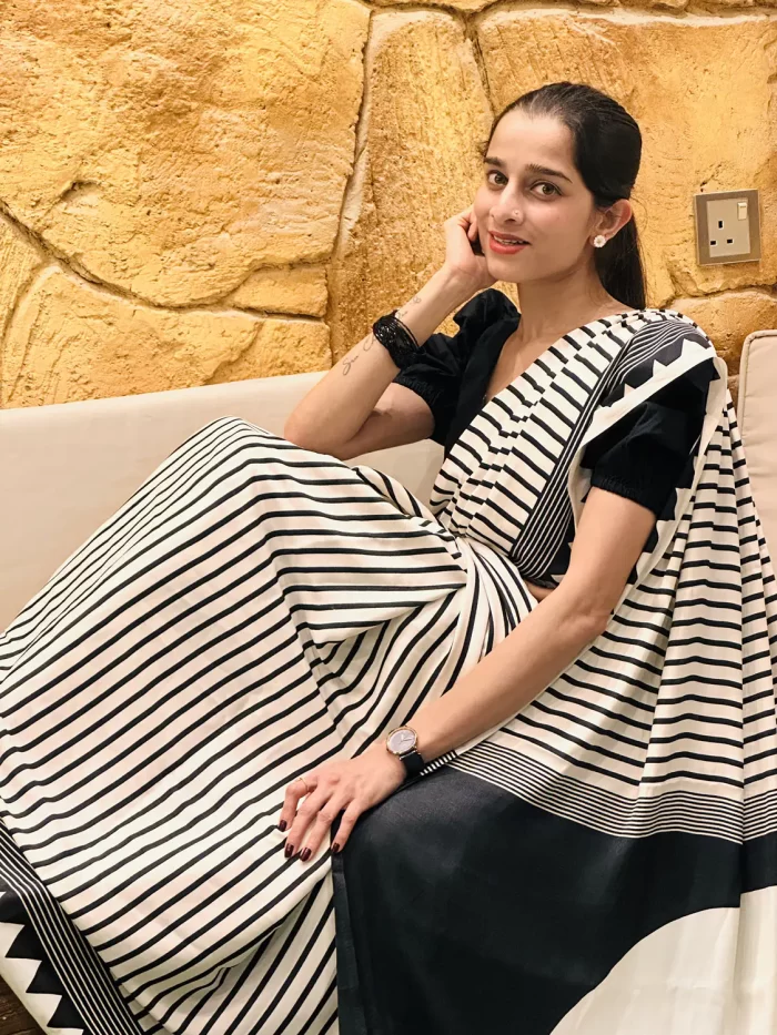 Black and white satin silk saree with vertical stripe design