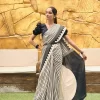 Black and White Satin Silk Striped Saree full front view