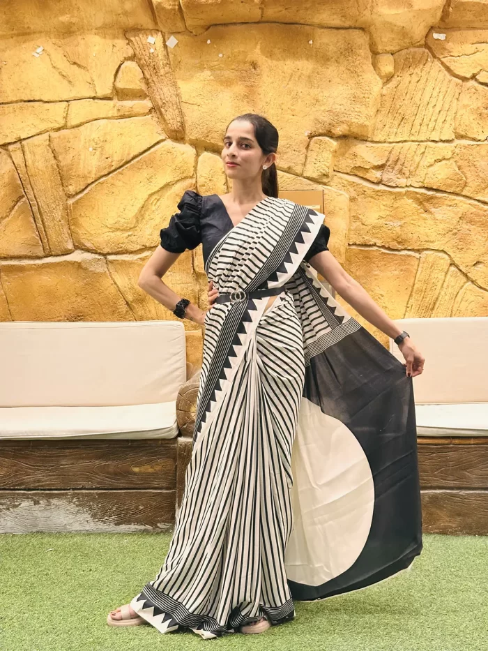 Black and White Satin Silk Striped Saree full front view
