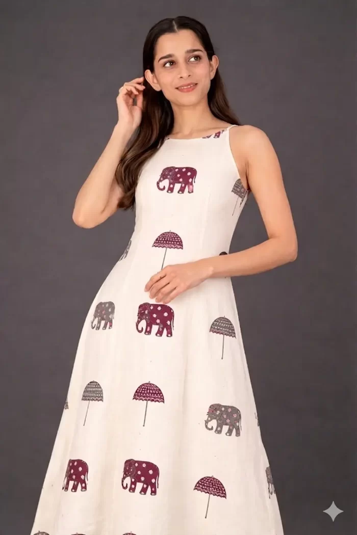 1776260761588 Ivory elephant and umbrella print sleeveless kurta set shown in a closer front view