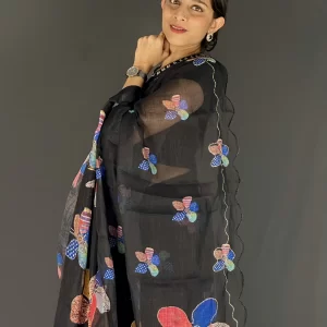 Black digital print linen saree with running blouse piece