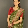 Forest Green Bandhini Viscose Georgette Saree (3) Forest green Bandhini saree with traditional zari border and pallu design