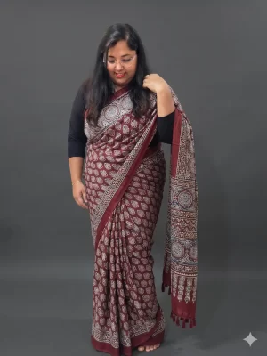 Maroon Satin Silk Ajrakh Printed Saree full view