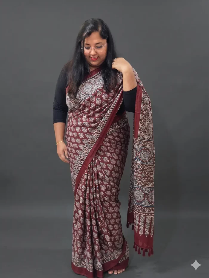 Maroon Satin Silk Maroon Satin Silk Ajrakh Printed Saree full view