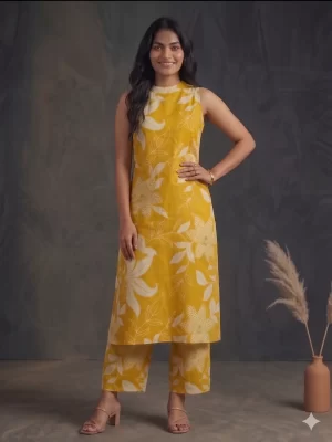 Sunshine yellow sleeveless kurta with white floral print