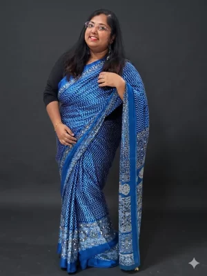 Royal Blue Satin Silk Zigzag Ajrakh Printed Saree full view