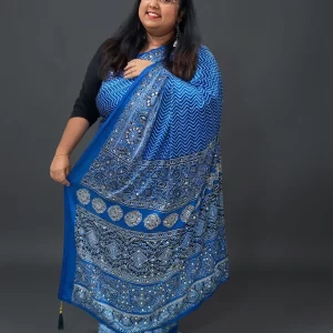 Blue satin silk saree with mirror work detailing
