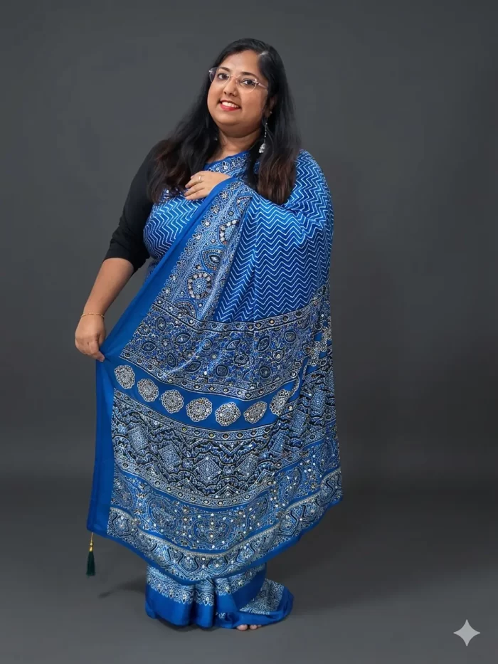 blue saree 1 Blue satin silk saree with mirror work detailing