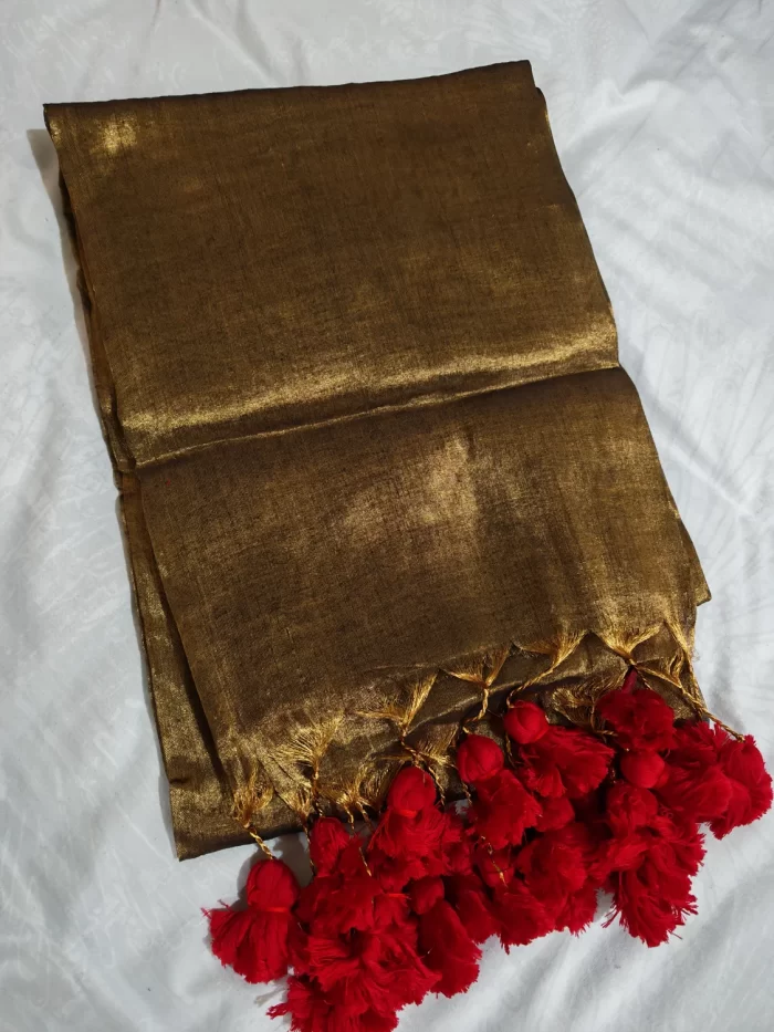 Elegant copper gold tissue silk saree for weddings and festive occasions
