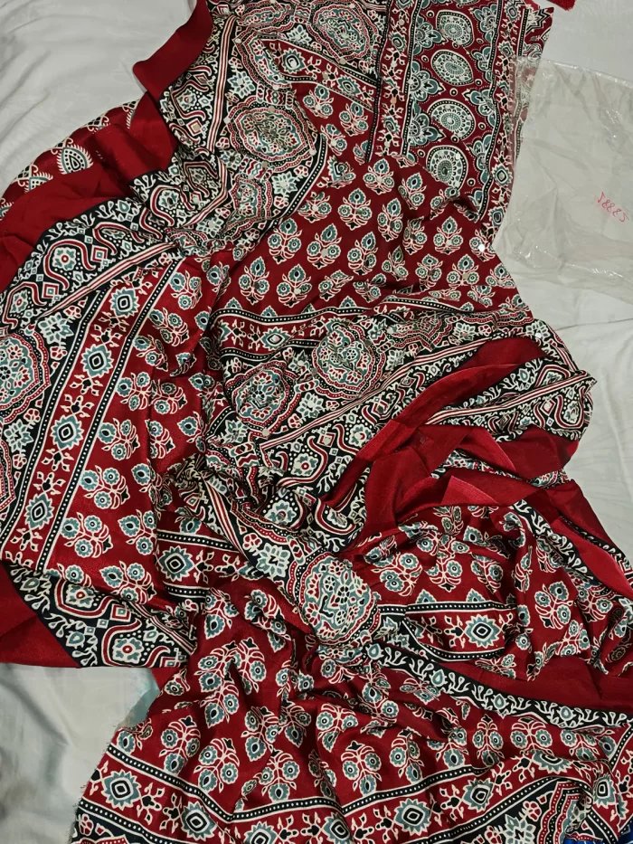 satin silk Ajrakh printed maroon saree elegant drape