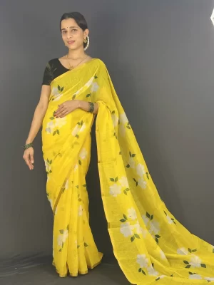 Yellow floral digital print linen saree for women
