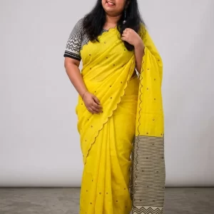 Yellow Charm Linen Cotton Mirror Saree full view