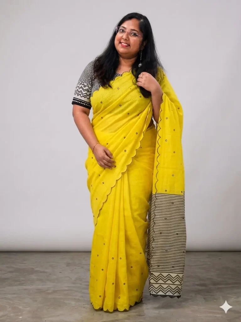 Yellow Charm Linen Cotton Mirror Saree full view