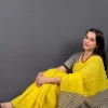 Yellow Charm Linen Cotton Mirror Saree _1 Yellow linen cotton saree with mirror work
