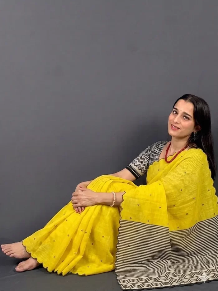 Yellow Charm Linen Cotton Mirror Saree _1 Yellow linen cotton saree with mirror work