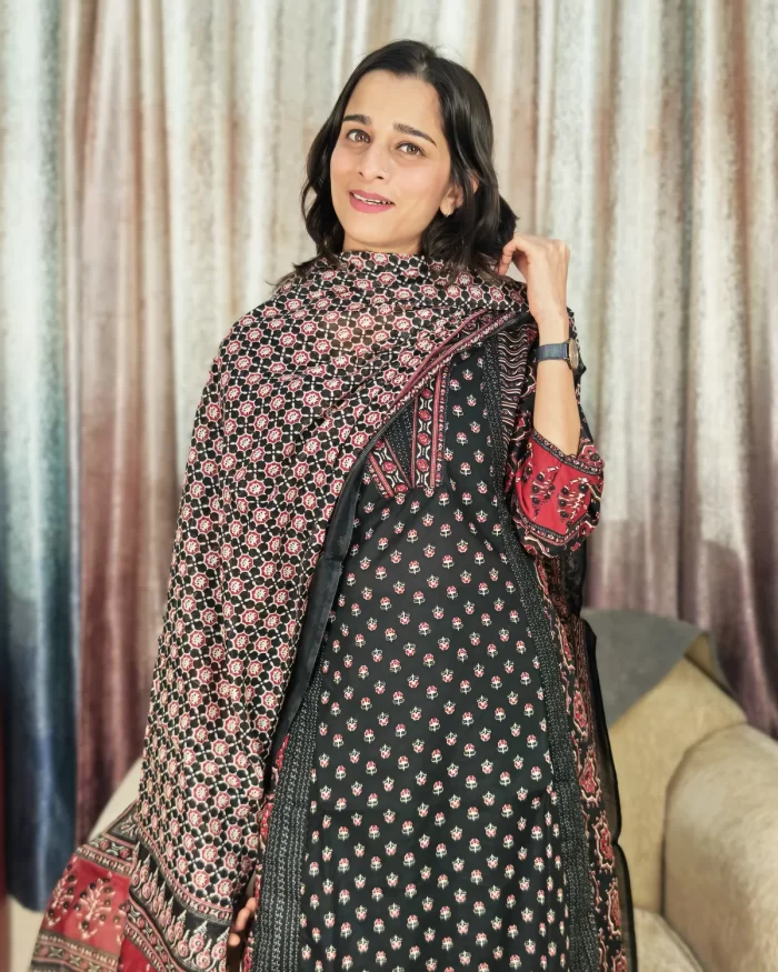 Black Ajrakh Printed Kurta Set with traditional ethnic motifs