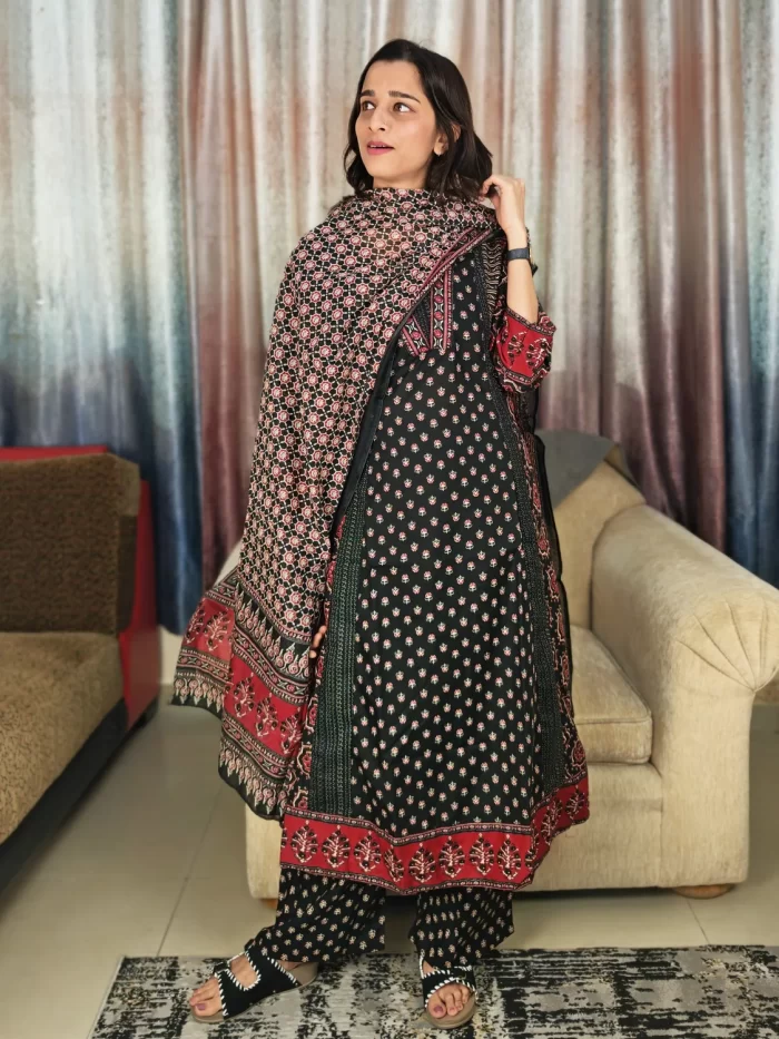 Women's Black Ajrakh Printed Kurta Set with matching bottoms